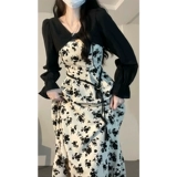 Осеннее платье, длинная юбка, комплект, изысканный стиль, французский стиль, цветочный принт, подходит для подростков