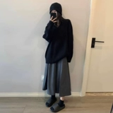 Черный демисезонный ретро свитер, японская трикотажная приятная телу рубашка, V-образный вырез, оверсайз