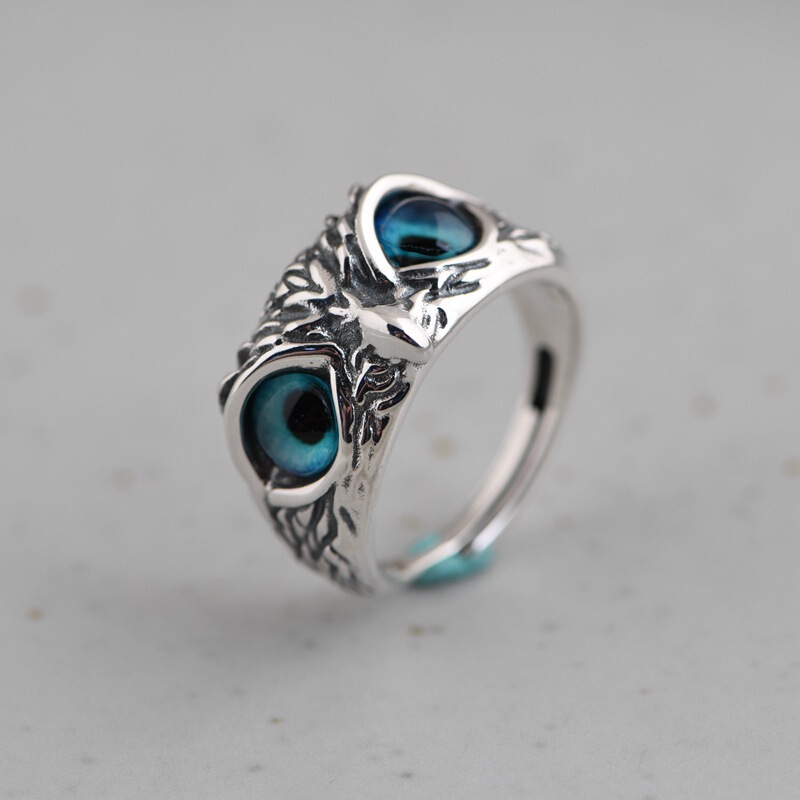Vintage Devil's Eye Owl 925 Sterling Silver Ring Creative Exaggerated Animal Open Adjustable Ring