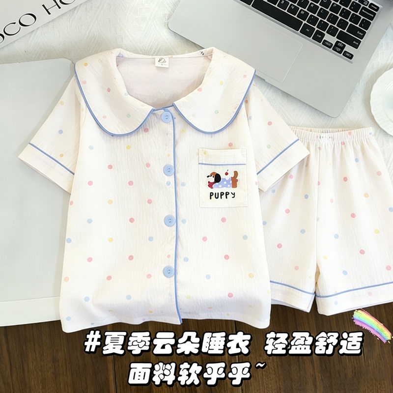 Cloud Cotton Pajamas for Children, Girls, Summer New Style, Cardigan, Short-Sleeved, Girls' Medium and Large Children's Outerwear, Home Wear Three-Piece Set