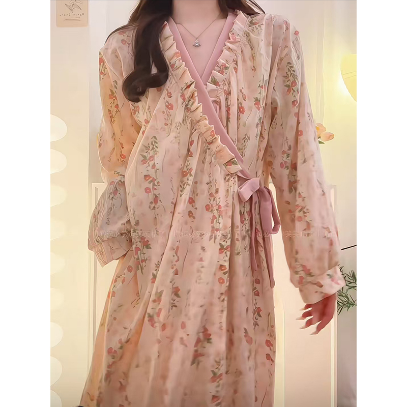 Pure Cotton Pajamas, Spring and Autumn Style, Women's Casual Loose-Fitting Ming-Style Hanfu, Sweet Long-Sleeved Nightgown Dress, Home Wear That Can Be Worn Outside