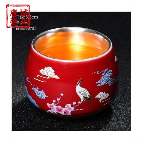 999 sterling silver tea cup Gilt silver single cup Jingdezhen enamel inlaid silver master cup Japanese Kung Fu tea with court style
