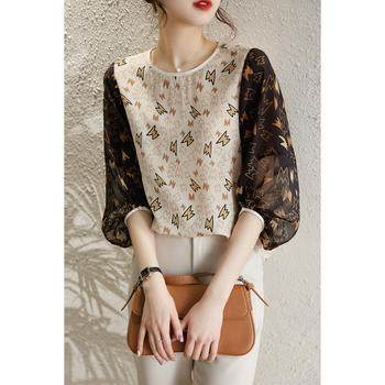 Round neck printed chiffon shirt women's lantern sleeves 2022 new summer French retro stitching loose small shirt all-match top