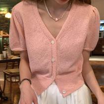 Sweet French puff sleeve V-neck white short-sleeved thin knitted cardigan short top for women in summer