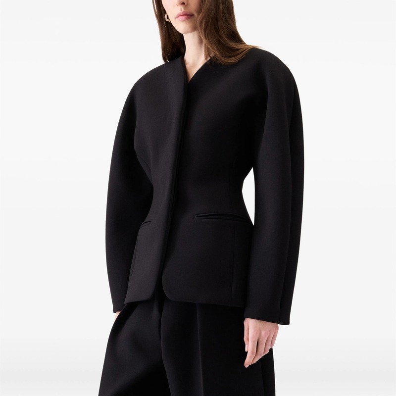 Flexible Line Design, Niche Design, Pure Black V-Neck, Wide Shoulders, Waist-Cinching, Slimming Blazer Jacket