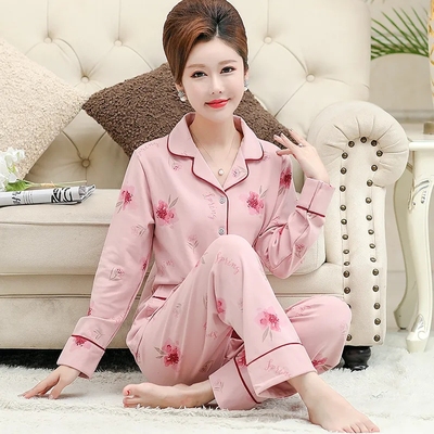 春秋季睡衣女士棉质长袖开衫翻领