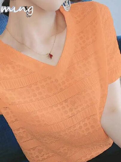 Kurzarm-T-Shirt für Damen 2026 Frühling und Sommer neues schlankes und vielseitiges lockeres Chiffon-Hemd mit Spitzentemperament und Hemdoberteil mit V-Ausschnitt