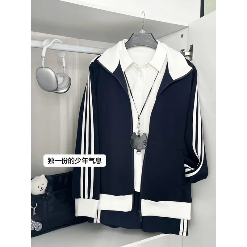 Navy Blue Three-Stripe Jacket for Women, Autumn Korean Style, Very Stylish Striped Sweatshirt, 2026 New Model, Autumn Outfit Navy Blue Three-Stripe Jacket for Women, Autumn Korean Style, Very Stylish Striped Sweatshirt, 2026 New Model, Autumn Outfit