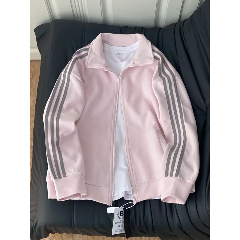 Pink Three-Stripe Jacket for Women, Autumn Korean Style Sporty Baseball Jacket, 2026 New Early Autumn Sweatshirt