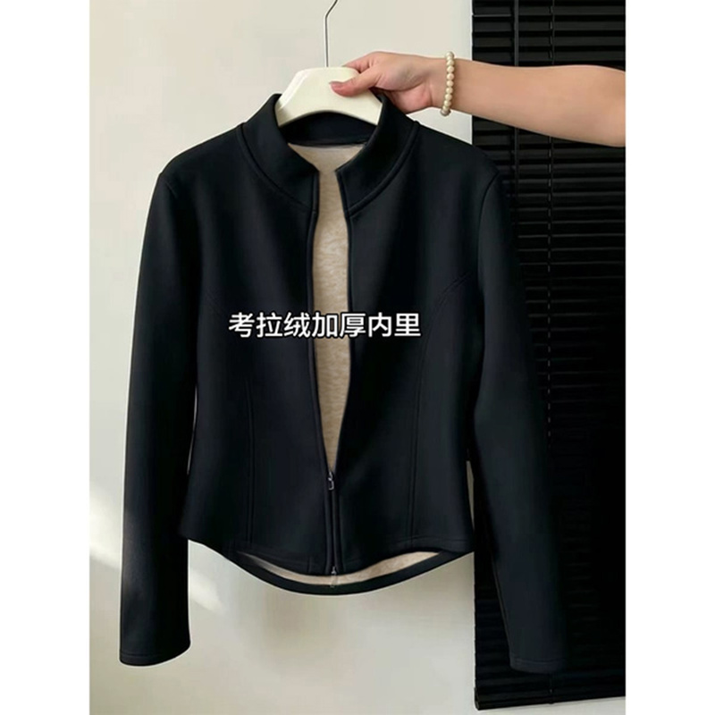 Sandwich-Style Outfit, Warm Korean-Style Black Jacket with Fleece Lining, School Uniform Inner Layer, Autumn and Winter Base Layer Shirt