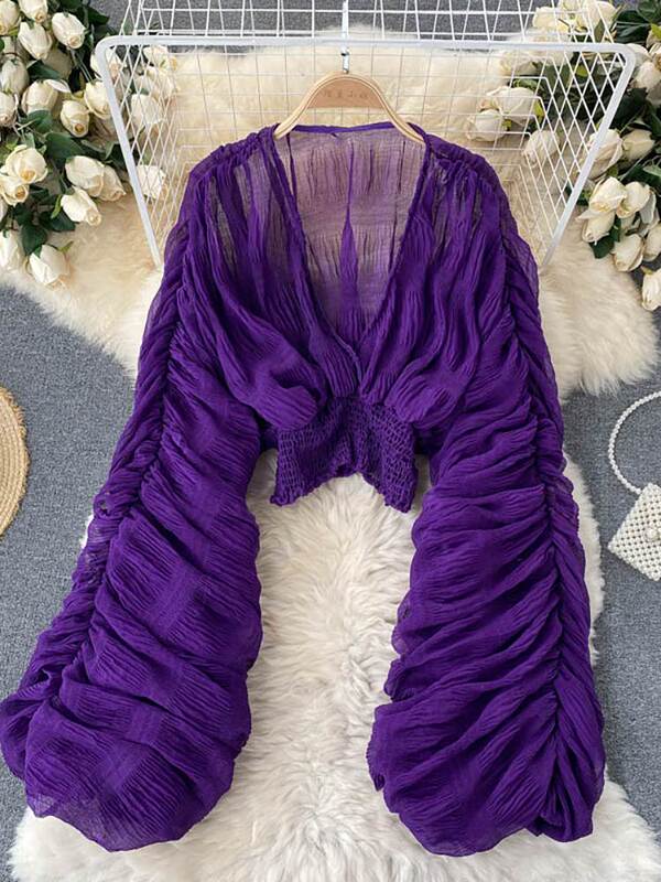 Summer Sexy Draped Chiffon Blouse For Women Elegant V-Neck P Summer Sexy Draped Chiffon Blouse For Women Elegant V-Neck P