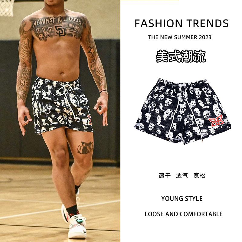 Black and White American Street Shorts for Men, European and American Hip-Hop Basketball Shorts, Four-Quarter Length, Retro Trendy Brand, Sports Training, Summer Quick-Drying