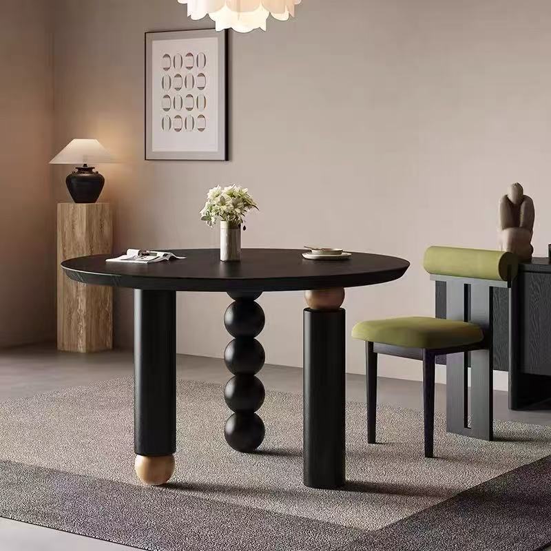 French-Style Vintage Black Solid Wood Round Dining Table for Home Use, Small Apartment Creative Round Table, Simple Modern Coffee Table