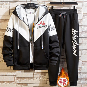 男士加绒加厚连帽外套运动裤两件套开衫长裤