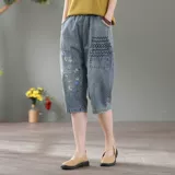 Джинсовые тонкие штаны, большой размер, эластичная талия, с вышивкой, высокая талия, свободный крой