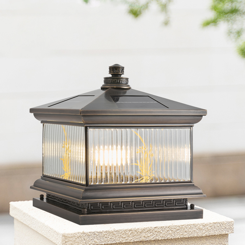 Solar Column Headlights Chinese All-copper Outdoor Waterproof Courtyard Villa Wall Head Wall Gate Lamp Home Door Column Lamp