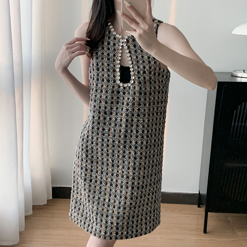 Sd Pure Yuan Iulv25 Spring/Summer New French Style Tweed Sleeveless Dress with Diamond Embellishments for Women