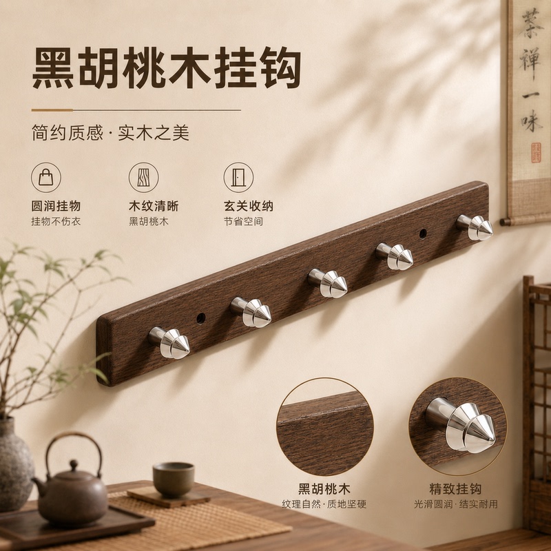 Craftsman-Made North American Black Walnut Solid Wood Hook Rack with Chrome-Plated Multifunctional Storage Brass Decorative Hooks Craftsman-Made North American Black Walnut Solid Wood Hook Rack with Chrome-Plated Multifunctional Storage Brass Decorative Hooks
