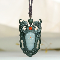 Beard Brother Jewelry Hetian Jade Pendant Pagoda Green Inlaid and Final Material Shuanglong Protector Safe and Sound Brand Original Design