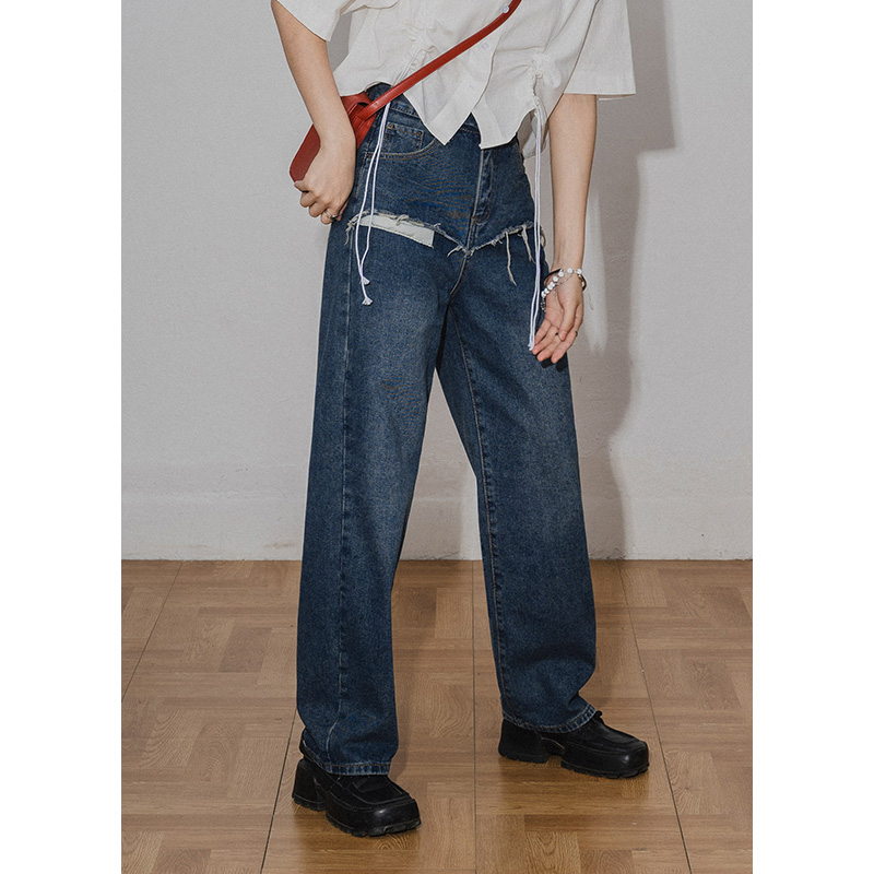 Design Sensation Irregular Denim Straight Drum Pants Woman New High Waist Leave Two Loose Casual Display Slim 100 Hitch Trousers