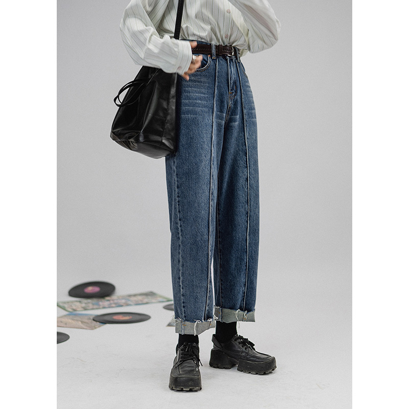 High waist splicing Slim Jeans Woman New retro doing old 100 Lap Loose Straight Barrel Kharen Pants Broadleg Long Pants Tide