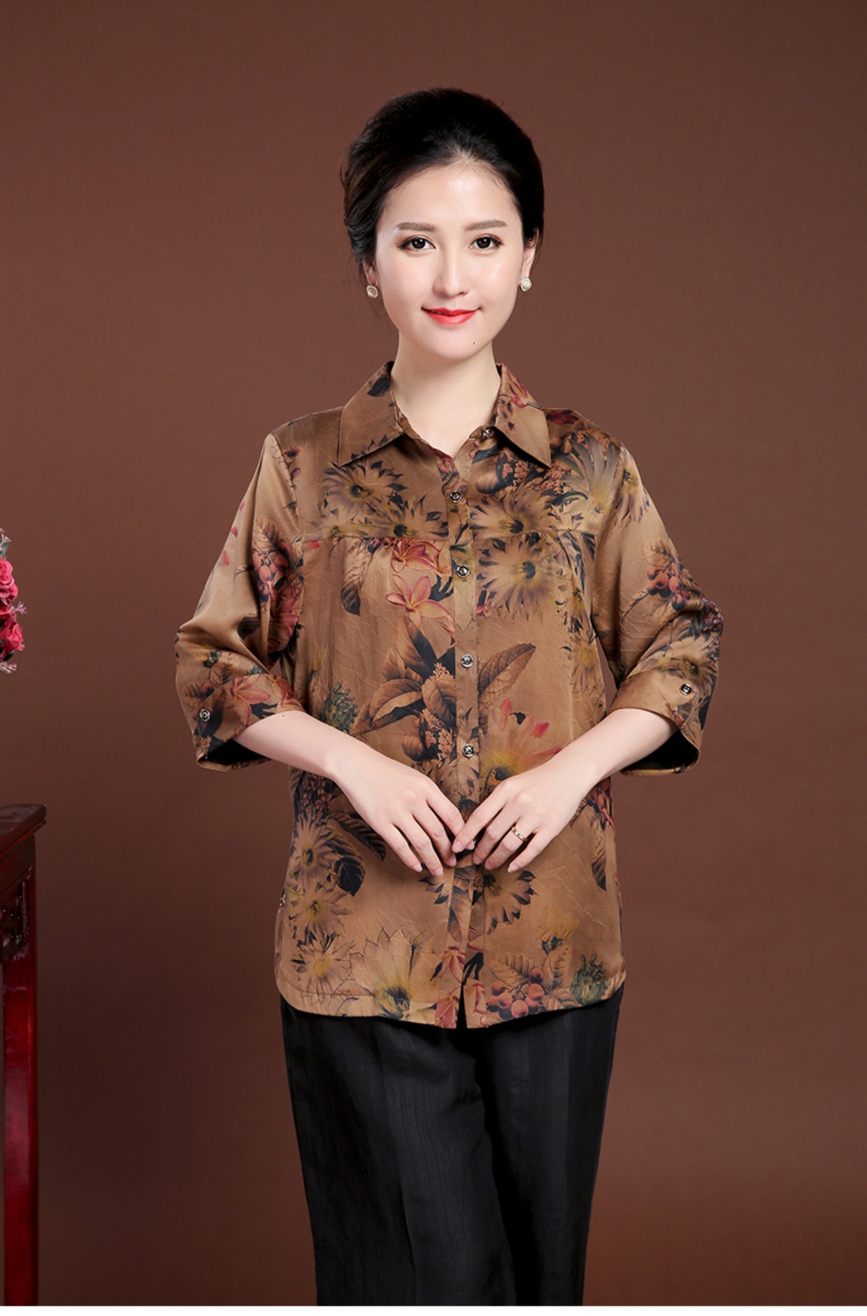 Jiulisi mùa hè lụa tơ tằm sợi áo sơ mi crepe của phụ nữ trung niên áo len tay áo của mẹ - Quần áo của mẹ áo khoác cho mẹ 40 tuổi