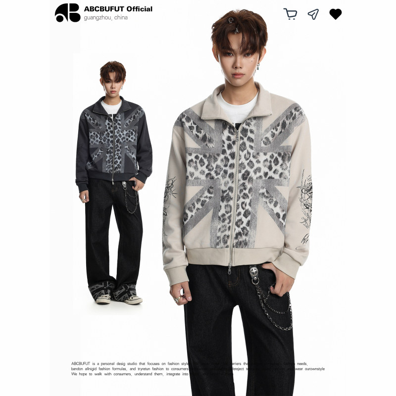 Abcbufut American Retro Leopard Print Stand-Up Collar Zip-Up Cardigan Long-Sleeve Sweatshirt Unisex Street Style Loose Trendy Brand Jacket Abcbufut American Retro Leopard Print Stand-Up Collar Zip-Up Cardigan Long-Sleeve Sweatshirt Unisex Street Style Loose Trendy Brand Jacket