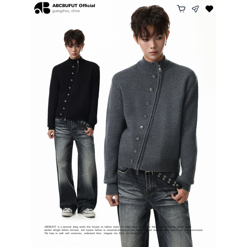 Abcbufut American Retro Napoleon Elegant Hand-Stitched Button Diagonal Zipper Sweater Cardigan Unisex Versatile Jacket Abcbufut American Retro Napoleon Elegant Hand-Stitched Button Diagonal Zipper Sweater Cardigan Unisex Versatile Jacket
