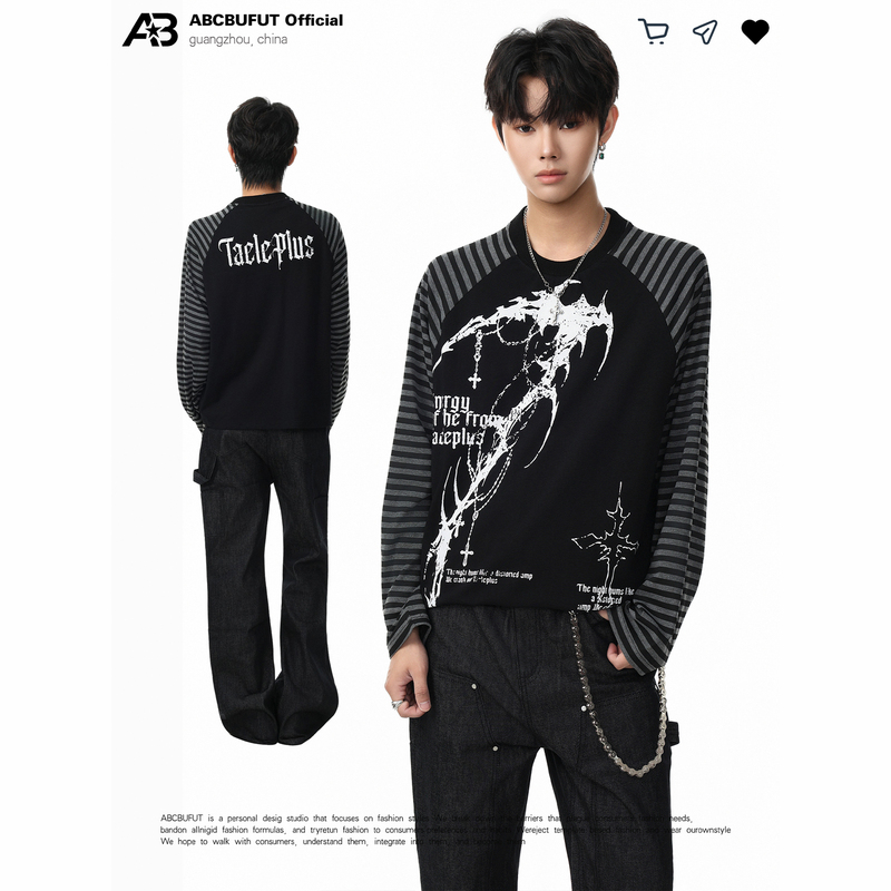 Abcbufut Gothic Dark Sickle Subculture Raglan Striped Long-Sleeve Printed T-Shirt Thin Unisex Top Trendy
