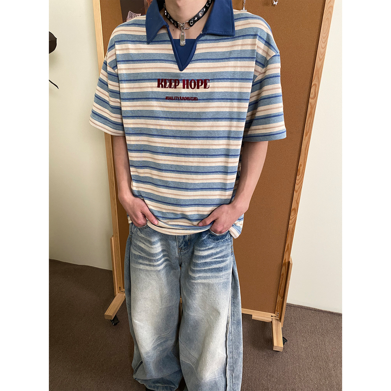 Abcbufut American Style Trendy Retro Short-Sleeved T-Shirt for Men and Women, Summer College Style Lapel Polo Shirt, Striped Top