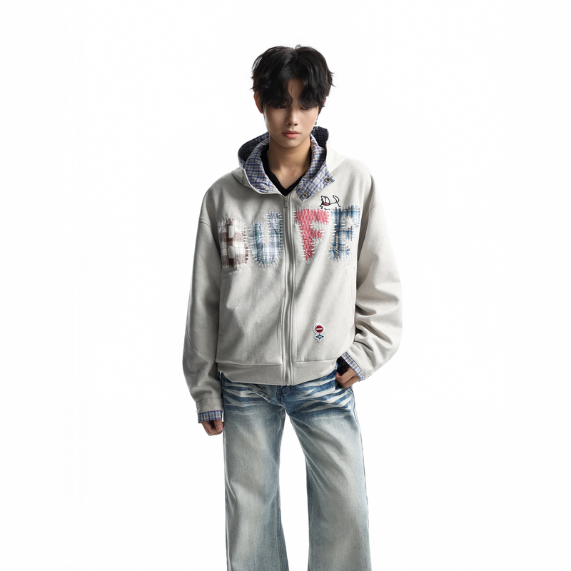 Abcbufut American Style Patterned Patchwork Letter Hoodie for Men and Women with Zipper Design and Embroidered Casual Hoodie Abcbufut American Style Patterned Patchwork Letter Hoodie for Men and Women with Zipper Design and Embroidered Casual Hoodie