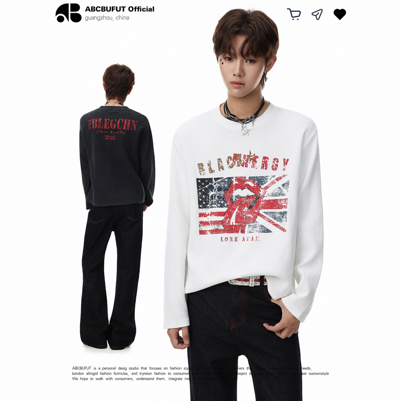Abcbufut Street-Style Prank Union Jack Flag Rolling Stones Tongue Print Long-Sleeve Men's T-Shirt Autumn Short Slim-Fit Top