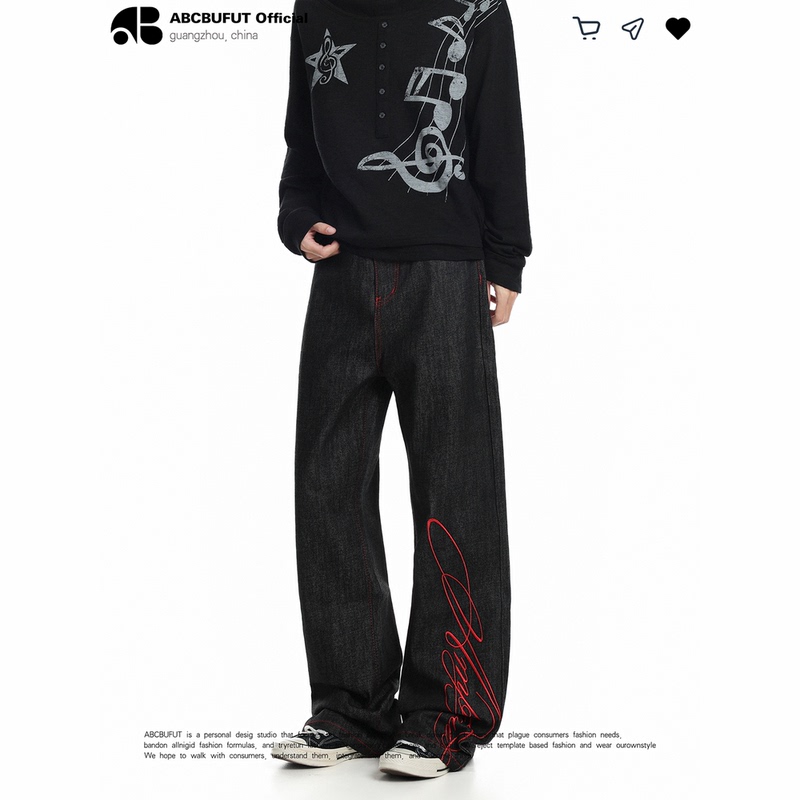 Abcbufut American Style Trendy Brand Letter Embroidery Flared Jeans for Men, Loose Retro Casual Straight-Leg Versatile Long Pants