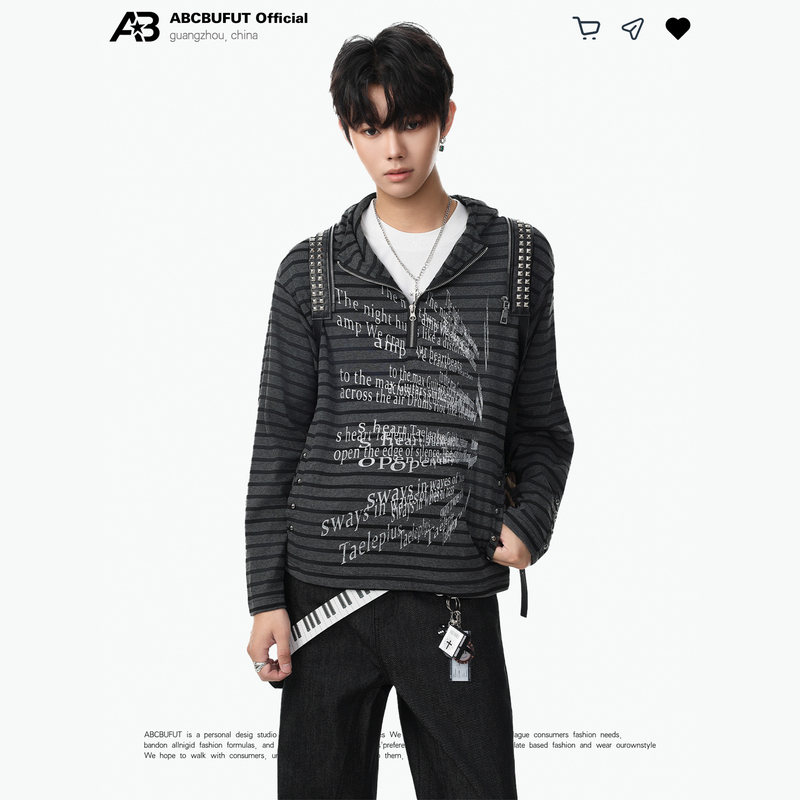 Abcbufu Dark Slogan Striped Half-Zip Hooded Sweatshirt Jacket for Men and Women with Street-Style Rivet Design