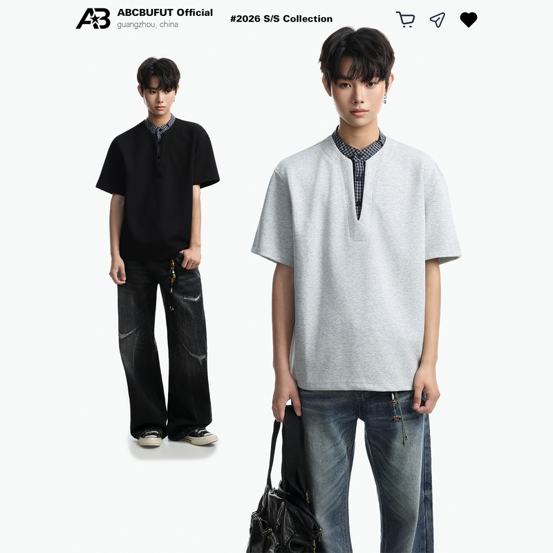 Abcbufut Retro Color-Blocked Fake Two-Piece Polo Shirt Short-Sleeve T-Shirt Unisex Loose Plaid Design Simple Abcbufut Retro Color-Blocked Fake Two-Piece Polo Shirt Short-Sleeve T-Shirt Unisex Loose Plaid Design Simple