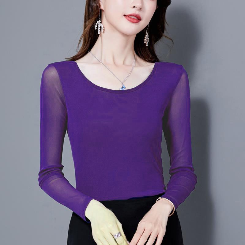 Spring and Autumn New Style Mesh Base Shirt for Women, Korean Version Versatile Top, Round Neck Sheer Thin Slim-Fit Slimming Blouse