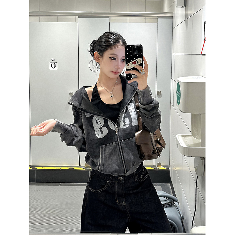 Explosive Candy American Retro Washed Design Letter Print Zipper Hoodie for Women, Loose Casual Versatile Top Explosive Candy American Retro Washed Design Letter Print Zipper Hoodie for Women, Loose Casual Versatile Top