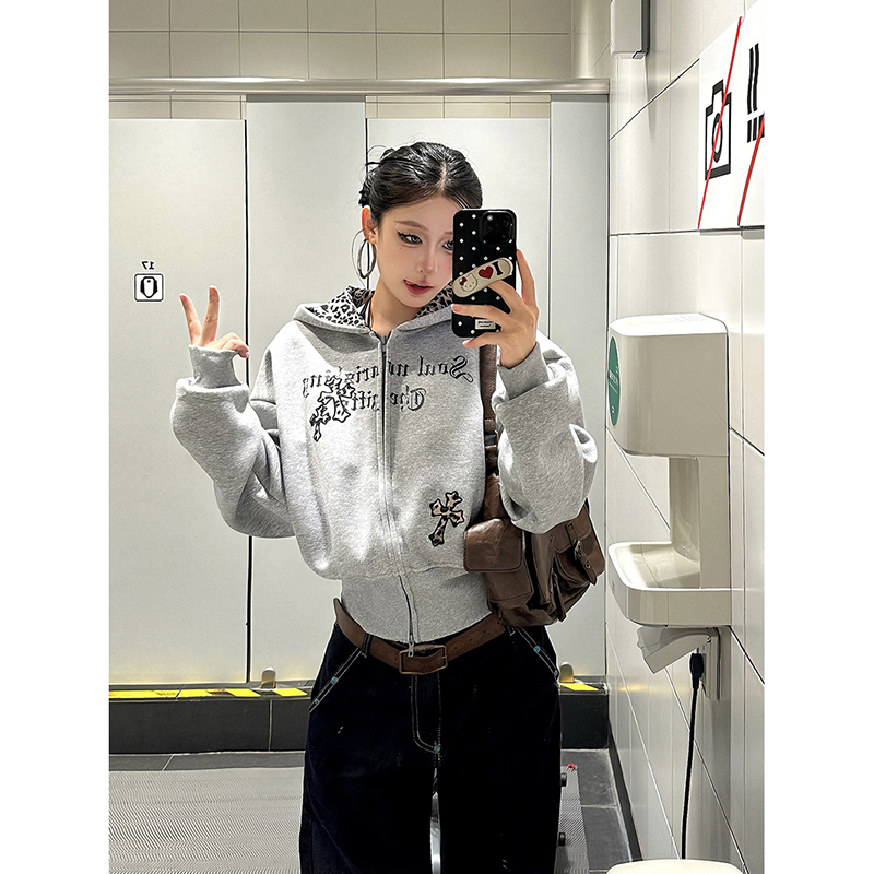 Explosive Candy American Retro Leopard Print Patchwork Cross Hooded Sweatshirt Jacket for Women Gothic Style Trendy Cardigan Top Explosive Candy American Retro Leopard Print Patchwork Cross Hooded Sweatshirt Jacket for Women Gothic Style Trendy Cardigan Top