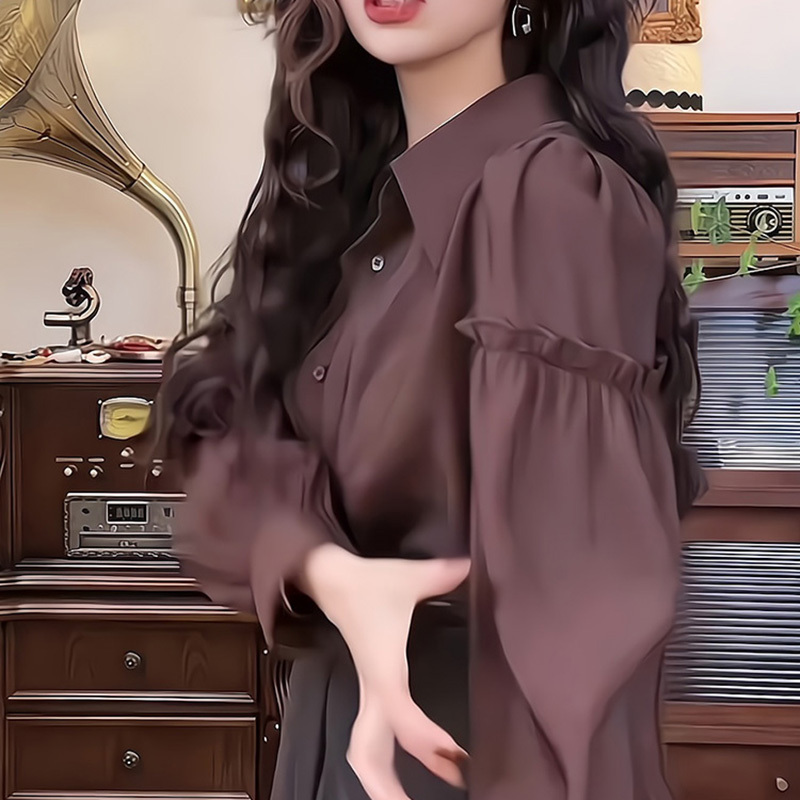 Floral European Style Early Autumn 2026 New Chocolate-Colored Lantern Sleeve Shirt Versatile Women's High-End Fashion Top