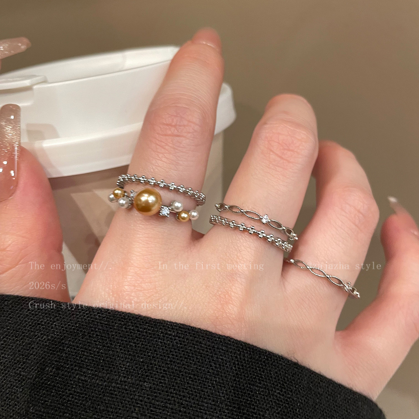 Korean style silver pearl thin ring for women