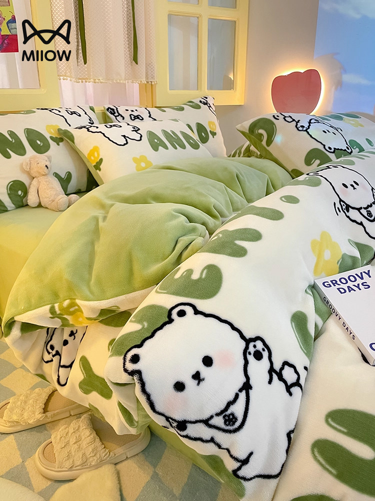 Catman Milk Velvet Bedding Four-Piece Set 2025 New Winter Fleece Coral Fleece Bed Sheet Duvet Cover Bedding Set