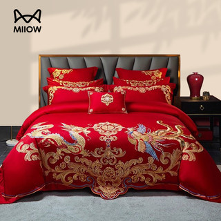 Cat-Themed Long-Staple Cotton Wedding Four-Piece Set, Pure Cotton Wedding Duvet Cover, All-Cotton Bed Sheet, Bright Red High-End Newlywed Bedding