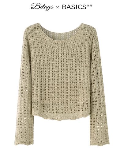 Counter echte gestrickte Hohlbluse für Damen 2025 Frühling und Sommer langärmeliges schwarzes Mesh-Sonnenschutz-High-End-Kurzoberteil