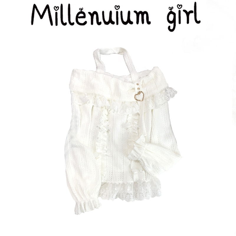 Light Snow Strawberry Autumn/Winter Sweet Lace Knit Top Off-Shoulder Heart Button Halter Lace Long Sleeve Blouse