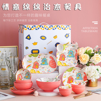 Cartoon bowls and dishes household new tableware bowls and plates set cute creative bowls and chopsticks ceramic underglaze color special bowls for eating