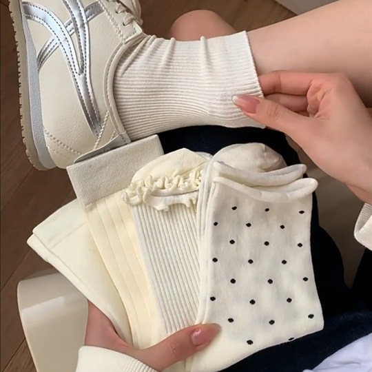 奶白色中筒袜子女春夏百搭纯色堆堆袜长袜韩版波点木耳边月子袜女