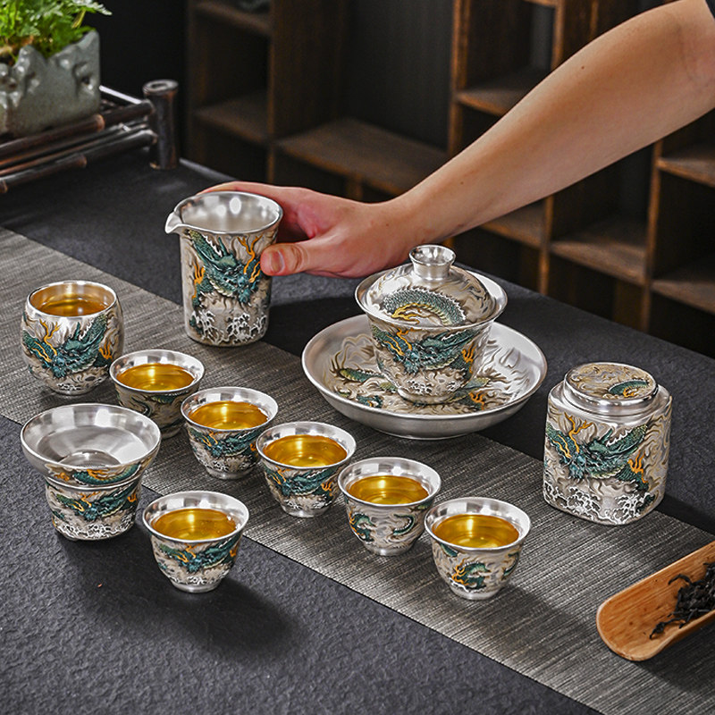 Silver tea set 999 pure silver ceramic Cure silver upper hand painted handmade reliefs light and luxurious teapot lid bowls set group tea set Gift-Taobao