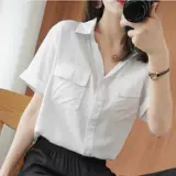 Хлопковая летняя рубашка, в корейском стиле, воротник поло, оверсайз, V-образный вырез