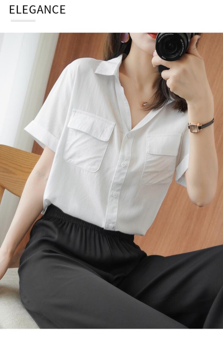 карманный платок 棉短袖衬衫女夏季新款韩版气质polo领宽松百搭v领白衬衣上口袋巾