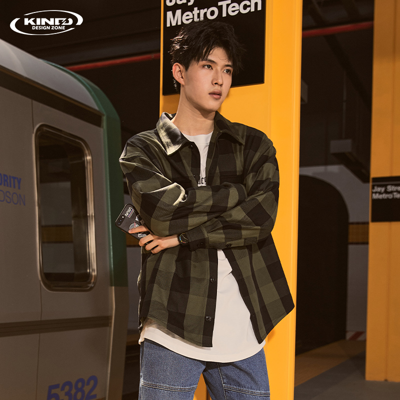 KKDZ plaid shirt boy spring autumn Korean version trendy loose long sleeve mistress dress print thickened casual lining 